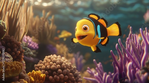 Happy clownfish swims coral reef, ocean background, animation (1)