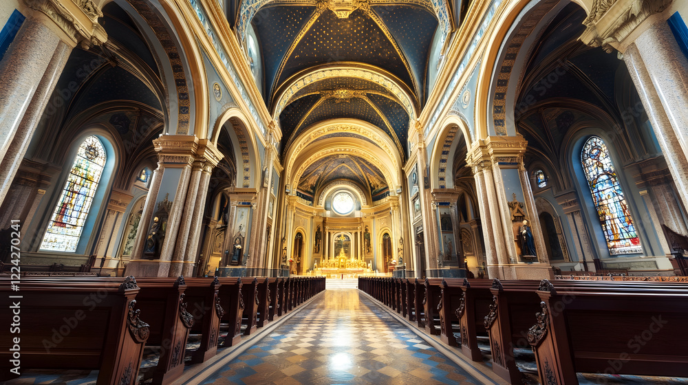 Fototapeta premium Majestic Interior of Ornate Cathedral with Golden Arches and Stained Glass Windows : Generative AI