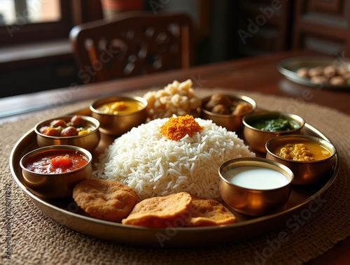 Delicious dal bhat served on traditional Nepali platter with assorted dishes photo