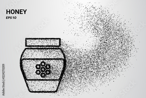 Honey depicted with small circles and dots, with particles swirling around it. Vector illustration.