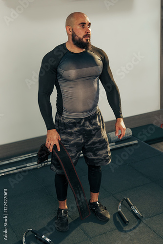 Strong man engages in workout at gym focusing on strength training and fitness routine photo