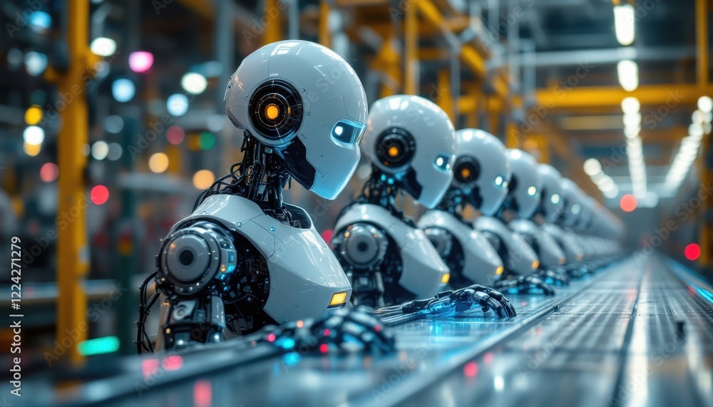 Futuristic assembly line with advanced humanoid robots in industrial setting Futuristic assembly line with advanced humanoid robots in industrial setting
