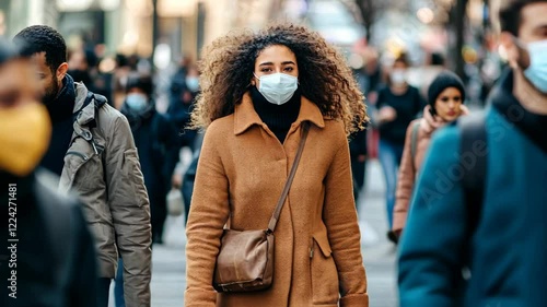 City Street Crowd Wearing Protective Face Masks Diverse People Walking Urban Winter