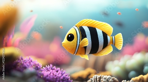 Fototapeta Naklejka Na Ścianę i Meble -  Cute cartoon fish swims coral reef, ocean background, children's book illustration