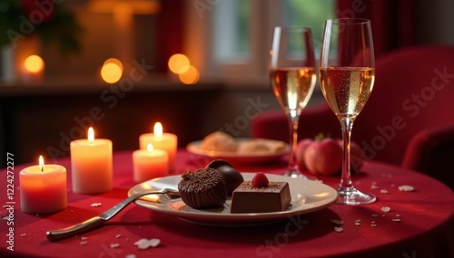 Softly glowing candlelight on a romantic dessert table, champagne, chocolate