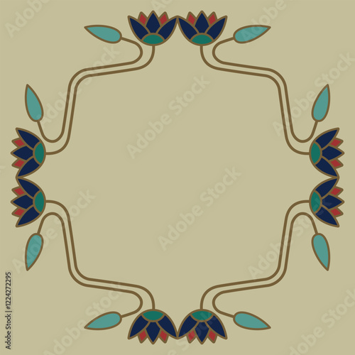 Beautiful floral square frame. Rectangular border with blooming branches of lotus flower. Ancient Egyptian design.
