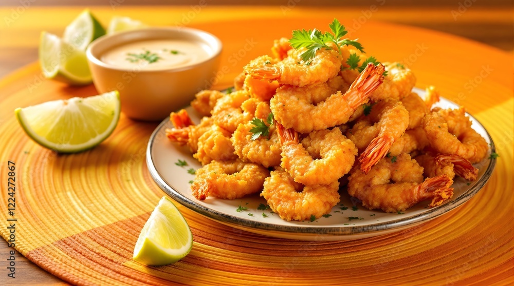 Camarão à Milanesa (Breaded Fried Shrimp) served with dipping sauce and lime wedges (Bahian Cuisine) Camarão à Milanesa (Breaded Fried Shrimp) served with dipping sauce and lime wedges (Bahian Cuisine)