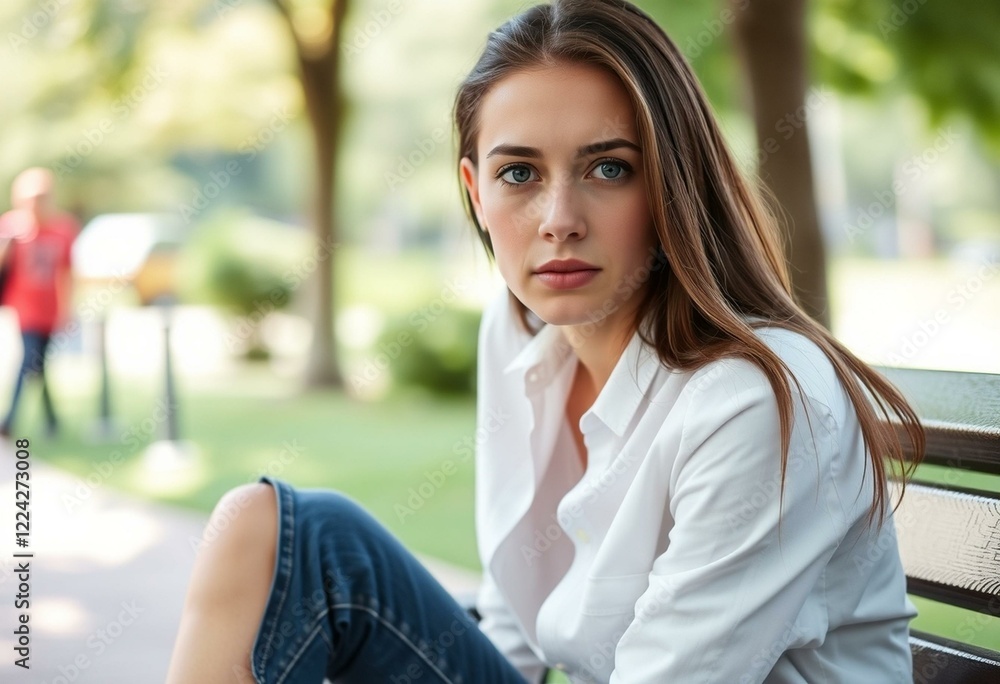 Photorealistic portrait of a young woman outdoors Photorealistic portrait of a young woman outdoors