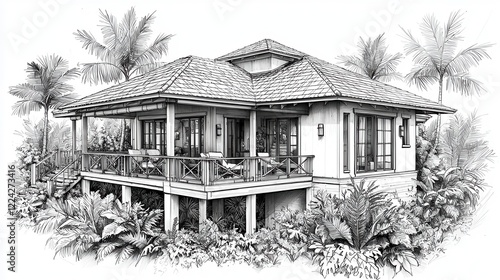 Tropical house design, palm trees, ocean view, architectural sketch