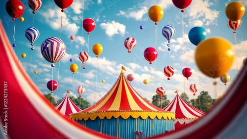 Festive Circus Tent Scene with Colorful Balloons Under a Sunny Sky