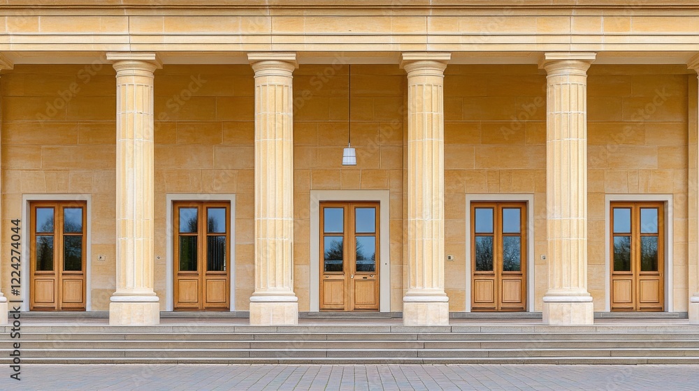 Fototapeta premium International court facade with grand architecture and flagpoles, symbolizing justice and global cooperation in resolving disputes.
