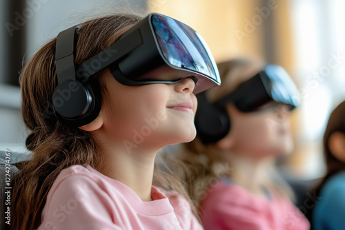 happy indian school children wearing virtual reality glasses photo