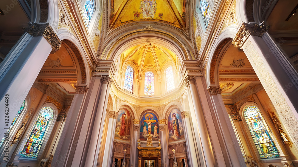 Fototapeta premium Majestic Cathedral Interior with Stained Glass and Ornate Architecture Illuminated by Sunset : Generative AI