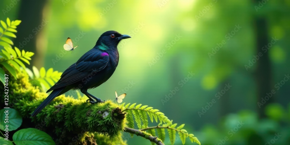 Obraz premium A resplendent black bird perches serenely on a moss-covered branch, amidst a vibrant tapestry of verdant foliage, accompanied by delicate butterflies in a sun-drenched forest scene.
