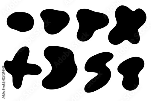 Organic random spot. Nature irregular shapes, stone or liquid  black blobs. Abstract pebble silhouettes, blotch and inkblot. Simple minimal liquid splodge elements water forms isolated on white.