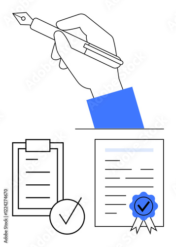 Hand holding a pen signing a document, a clipboard with a checklist, and a certified agreement with a badge. Ideal for agreements, legal forms, contracts, documentation, official approvals