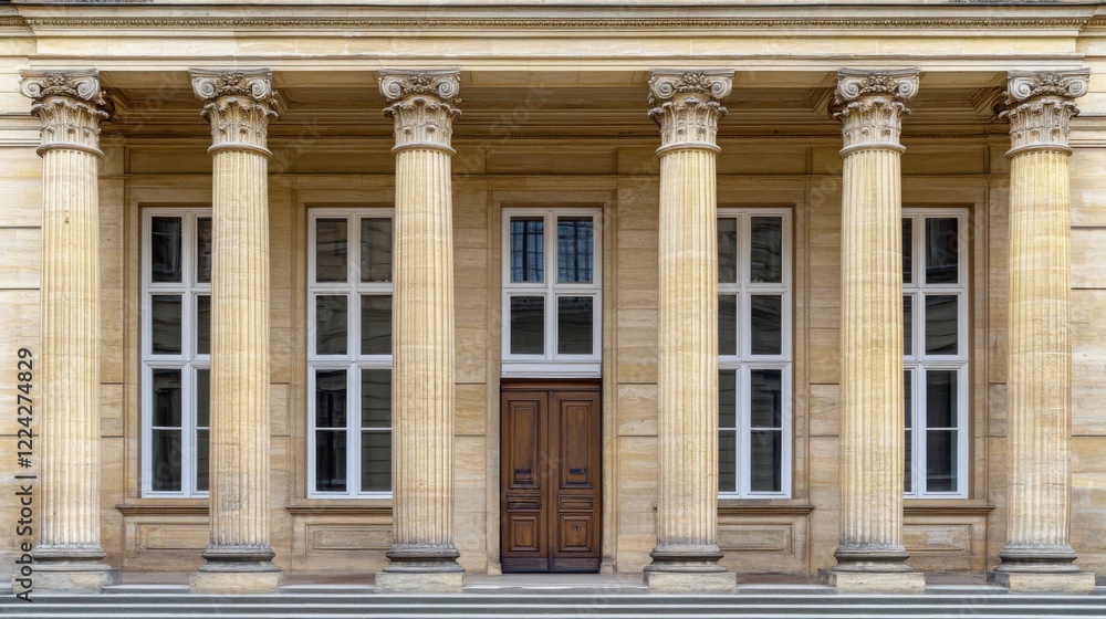 Fototapeta premium International court facade with grand architecture and flagpoles, symbolizing justice and global cooperation in resolving disputes.