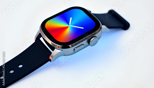 A modern smartwatch with a vibrant screen display, elegantly illuminated, placed against a white background