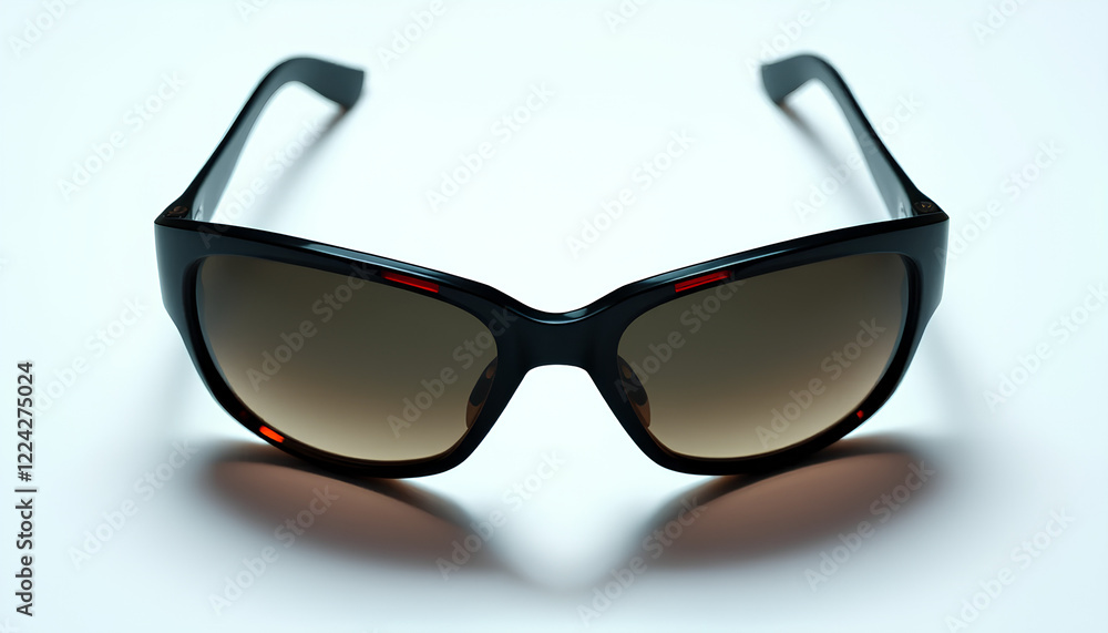 A pair of designer sunglasses with tinted lenses, softly illuminated to create a chic effect, placed on a white background A pair of designer sunglasses with tinted lenses, softly illuminated to create a chic effect, placed on a white background