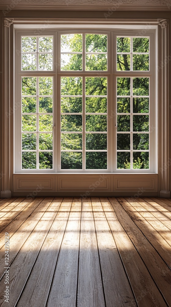 Interior view of a room with a large window overlooking a green forest showing sunlight on floor Interior view of a room with a large window overlooking a green forest showing sunlight on floor