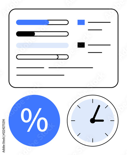 Progress bars, percentage symbol, and clock indicating time management. Ideal for productivity, deadlines, efficiency, performance metrics, business goals time tracking project management. Abstract