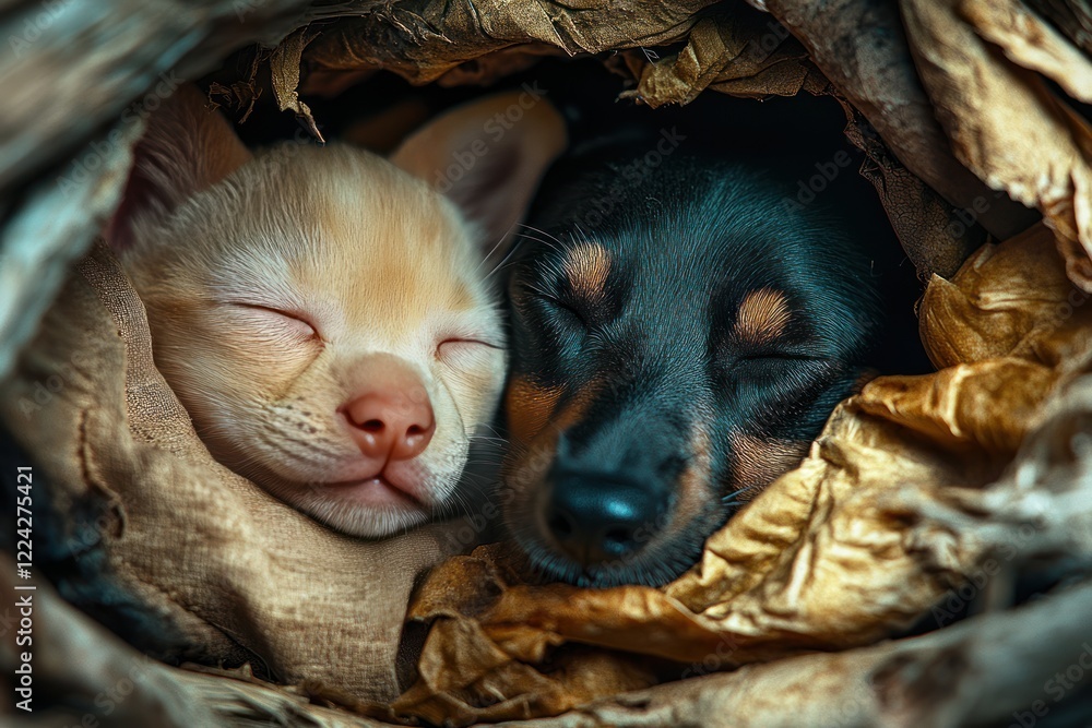 Adorable Pet Portrait of Two Small Dogs and a Cat Sleeping Together in a Cabin Adorable Pet Portrait of Two Small Dogs and a Cat Sleeping Together in a Cabin
