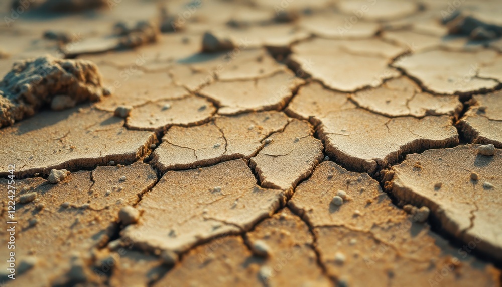 Fototapeta premium Cracked desert earth texture in sunlit environment highlighting climate change impact