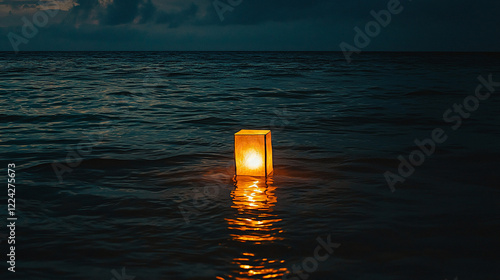 A glowing lantern floats on calm water at twilight, illuminating the serene ocean landscape