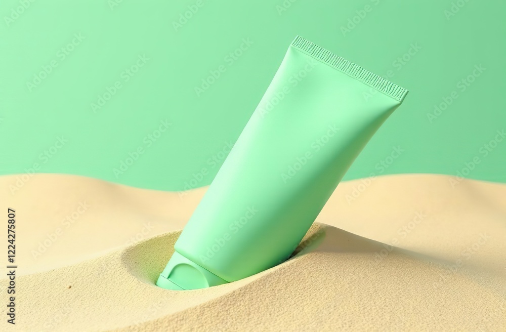 tube of cream green color in the sand, mock up, mockup, for design, packaging for sunscreen advertising tube of cream green color in the sand, mock up, mockup, for design, packaging for sunscreen advertising