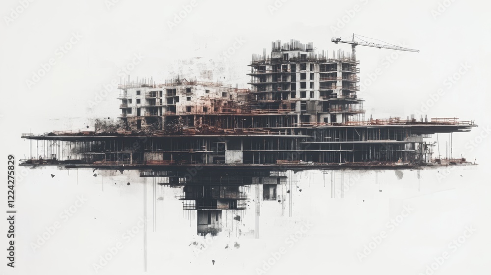 High contrast surreal collage, building under construction, white background. High contrast surreal collage, building under construction, white background.