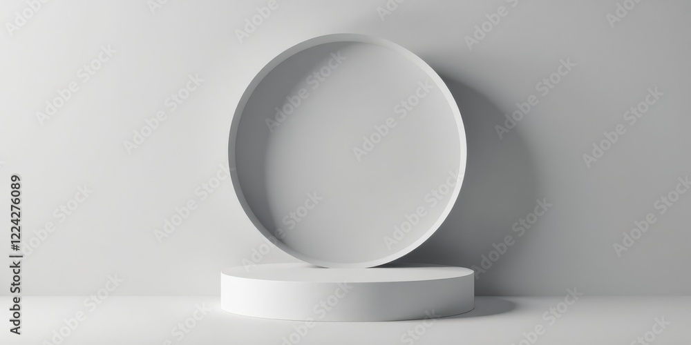 Minimalist white circular display platform and recessed oval backdrop ideal for product presentation or showcasing a design element Minimalist white circular display platform and recessed oval backdrop ideal for product presentation or showcasing a design element