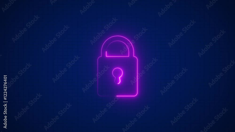 Neon glowing lock icon animation on black background. Safety, security, privacy, password icon. Neon glowing lock icon animation on black background. Safety, security, privacy, password icon.