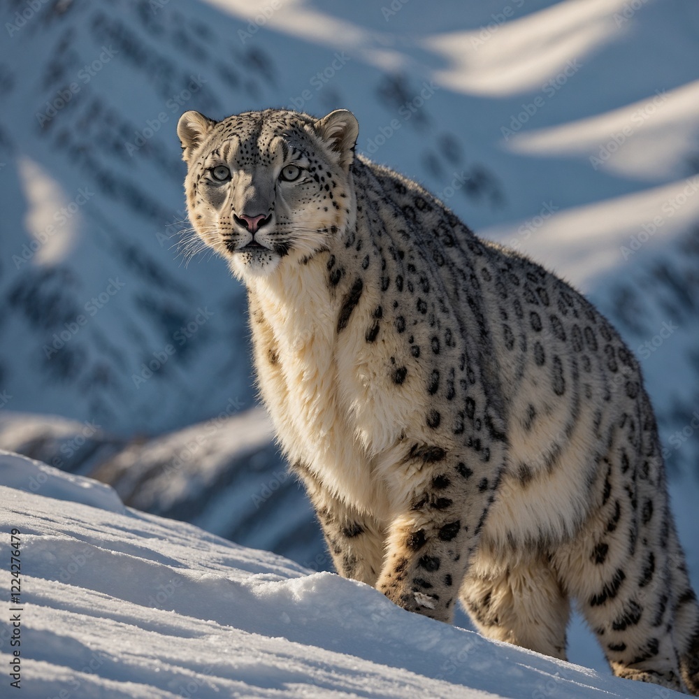 Fototapeta premium A snow leopard standing tall on a snowy ridge with the morning sun casting long shadows.