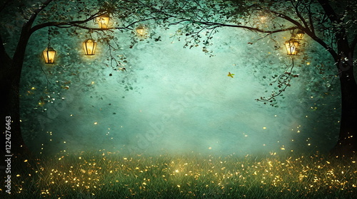 Glowing lanterns hanging from tree branches in a misty forest clearing illuminated by soft green hues and scattered twinkling lights on the ground.