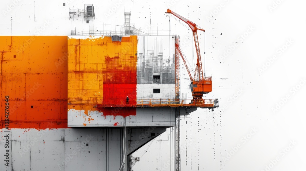 Fototapeta premium High contrast surreal collage, building under construction, white background.