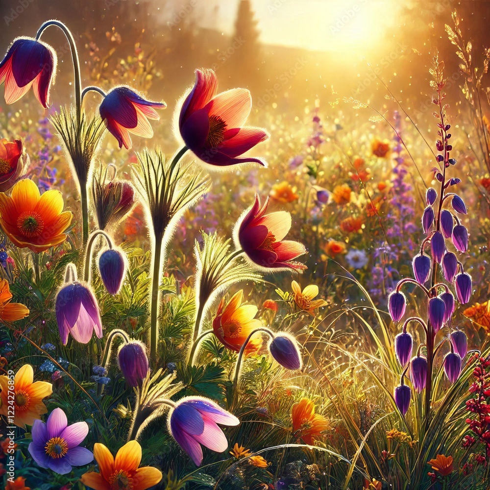 Colorful flowers, on meadow, creating a vibrant design and background with space for text Colorful flowers, on meadow, creating a vibrant design and background with space for text