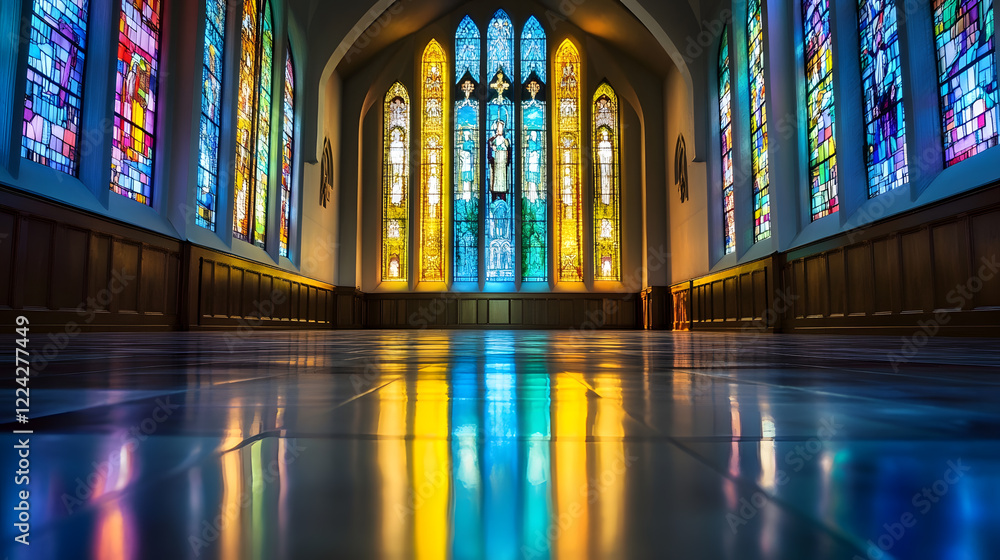 Beautiful Stained Glass Windows in a Church with Colorful Light Reflections : Generative AI Beautiful Stained Glass Windows in a Church with Colorful Light Reflections : Generative AI
