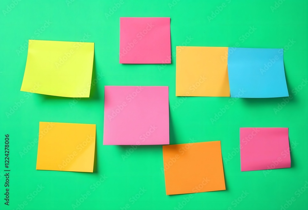 Bright Colorful Sticky Notes on Green Background - Flat Lay, Top View, Office Supplies, Blank Sticky Notes, Reminder, Message, Planning, Organization, Work, Study, School, Creative, Design, Ideas, Ins Bright Colorful Sticky Notes on Green Background - Flat Lay, Top View, Office Supplies, Blank Sticky Notes, Reminder, Message, Planning, Organization, Work, Study, School, Creative, Design, Ideas, Ins