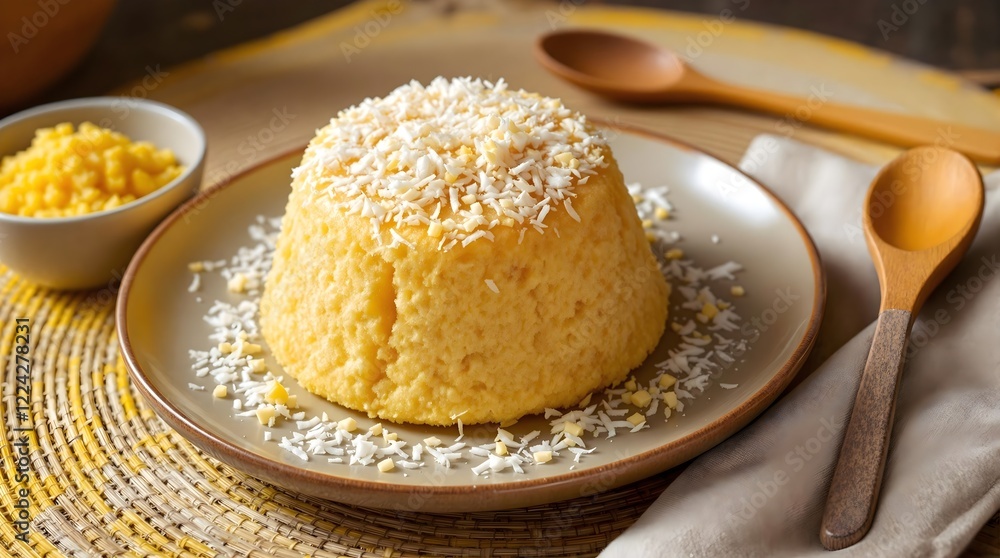 Bolo de Puba (Fermented Cassava Cake) topped with shredded coconut on a ceramic plate (Bahian Cuisine) Bolo de Puba (Fermented Cassava Cake) topped with shredded coconut on a ceramic plate (Bahian Cuisine)