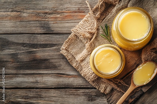 Pure or desi ghee in a glass jar on a wooden background, selective focus
