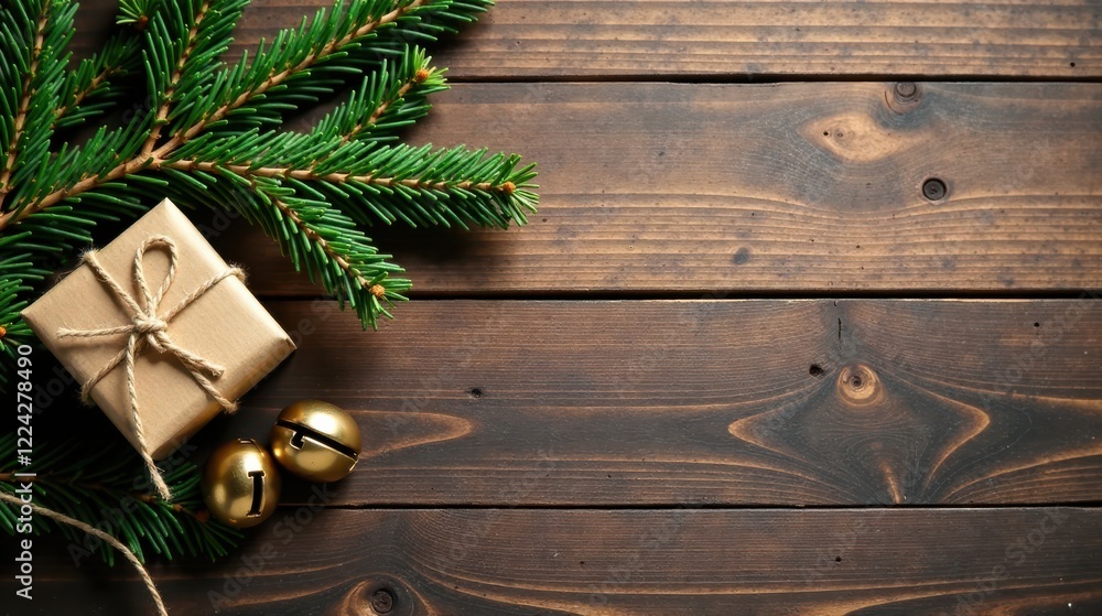 A rustic wooden background featuring a handcrafted gift, evergreen boughs, and golden jingle bells, perfect for holiday greetings and winter celebrations A rustic wooden background featuring a handcrafted gift, evergreen boughs, and golden jingle bells, perfect for holiday greetings and winter celebrations