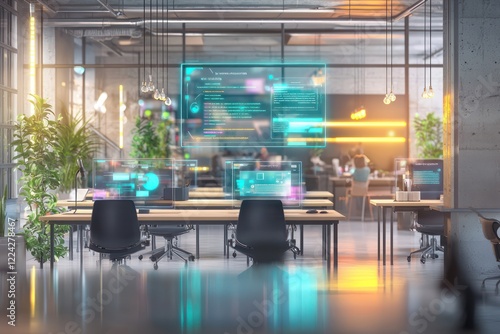 Tech conferences at coworking hub enhanced with holographic presentations.