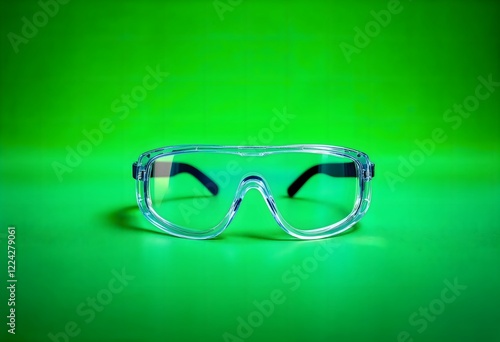 Clear Safety Glasses on Green Background: Protecting Eyes in Lab, Medical, or Industrial Settings. High-quality product photography showcasing transparent, durable protective eyewear for safety and vi photo