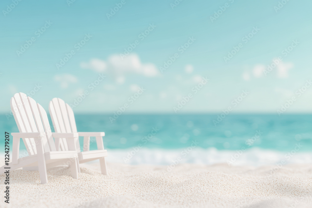 Fototapeta premium Serenity by the Sea Two Empty White Chairs on a Sandy Beach with a Tranquil Ocean Background