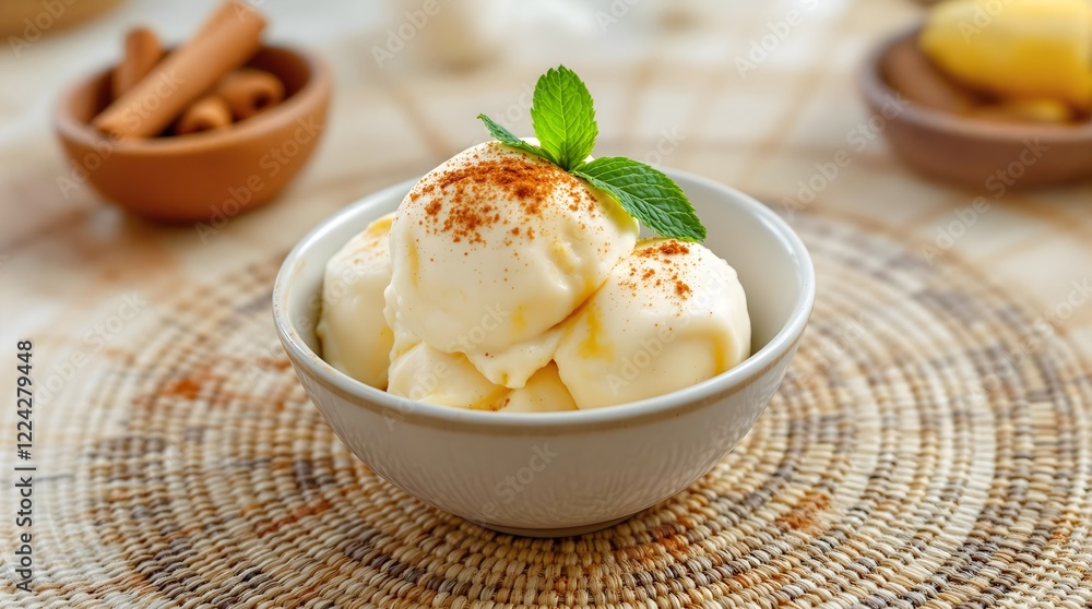 Sorvete de Banana com Canela (Banana and Cinnamon Ice Cream) garnished with mint and cinnamon (Bahian Cuisine) Sorvete de Banana com Canela (Banana and Cinnamon Ice Cream) garnished with mint and cinnamon (Bahian Cuisine)