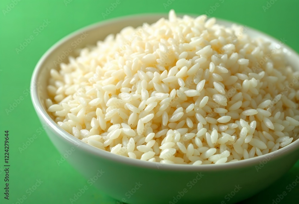 Close-up of a bowl of freshly cooked white rice against a vibrant green background. The rice is fluffy and appears steaming hot, inviting and appetizing. This image is perfect for culinary websites, r