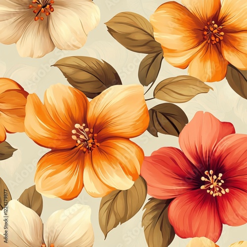 Wallpaper Mural Floral pattern with orange red and white flowers on a light beige background with brown leaves Torontodigital.ca