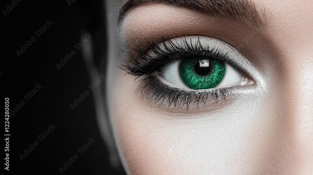 Close-up of a striking green eye with defined lashes showcasing a vibrant beauty and captivating detail Close-up of a striking green eye with defined lashes showcasing a vibrant beauty and captivating detail