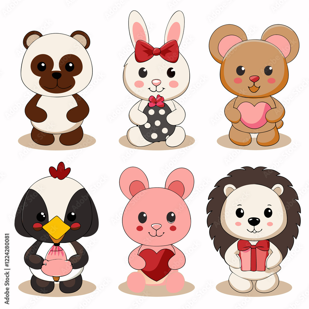 Fototapeta premium Adorable cartoon animals holding gifts and hearts. (2)