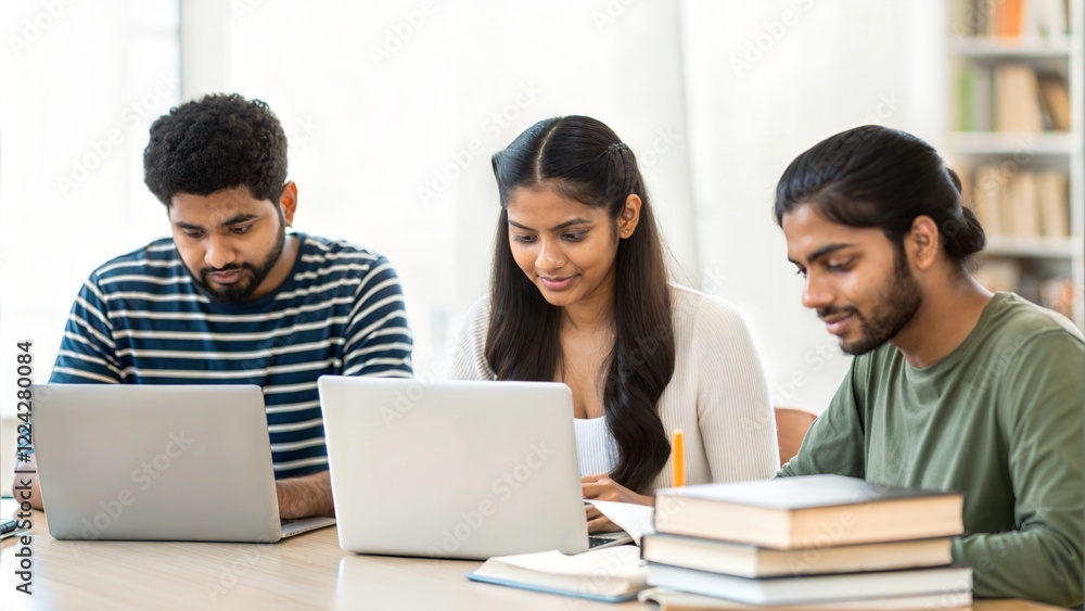 Indian college students studying together in a library, working on laptops and taking notes. The atmosphere is focused and collaborative, with books and notebooks scattered on the table. Indian college students studying together in a library, working on laptops and taking notes. The atmosphere is focused and collaborative, with books and notebooks scattered on the table.